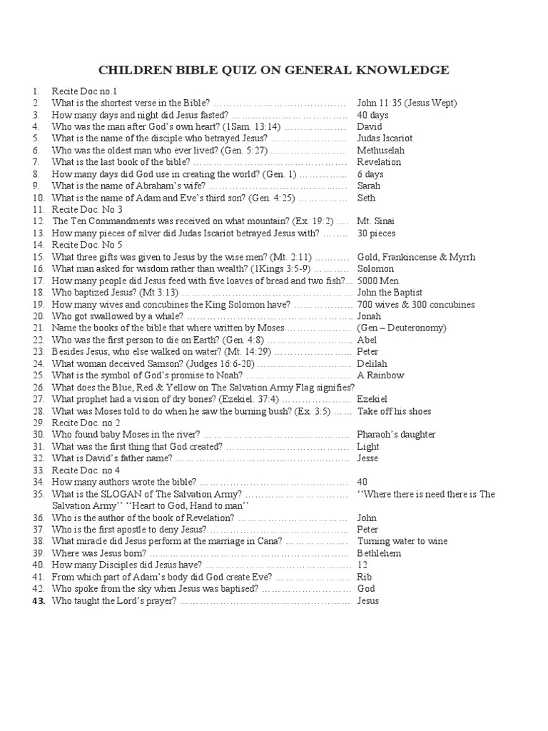 Children Bible Quiz On General Knowledge | PDF | Jesus | Book Of Genesis