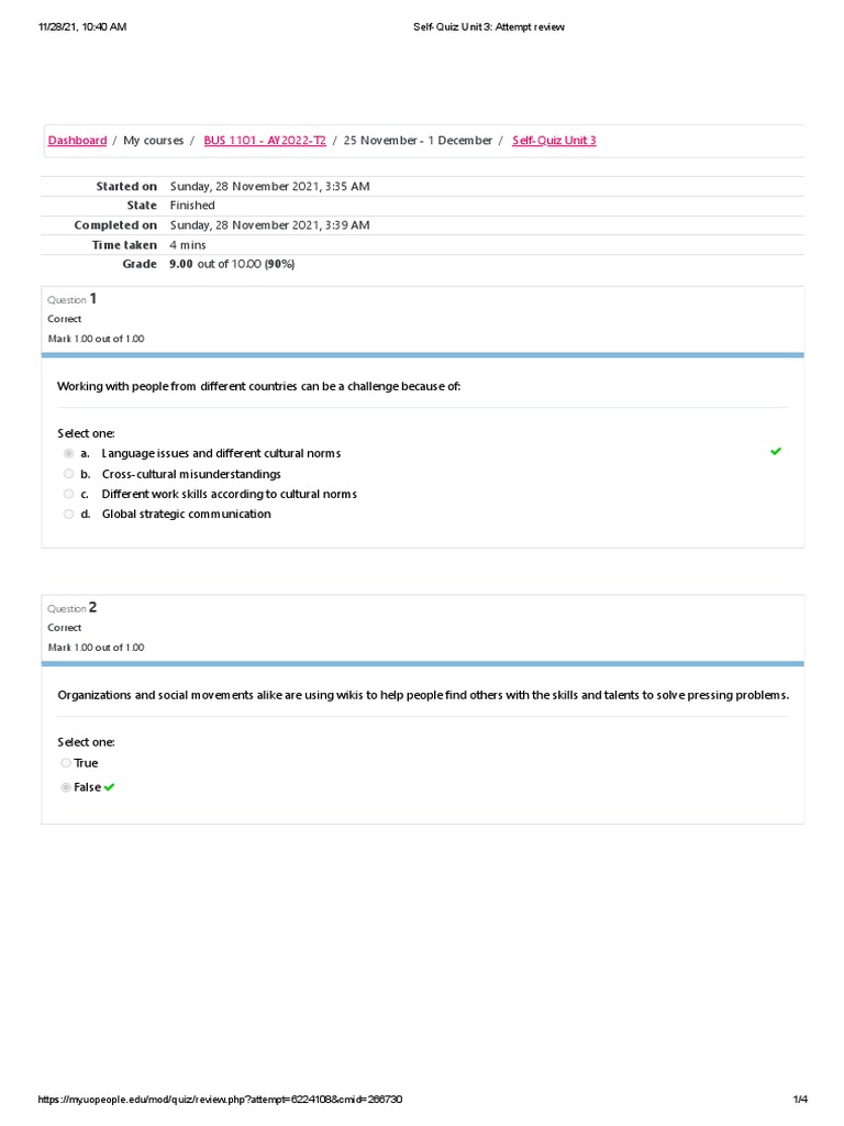 Self-Quiz Unit 3 - Attempt Review 2 | PDF | Communication | Cognition