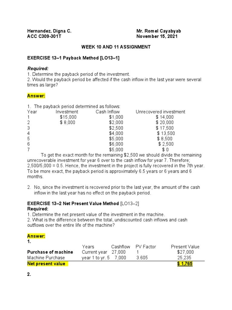 Payback and NPV Analysis Exercises | PDF | Net Present Value | Present ...