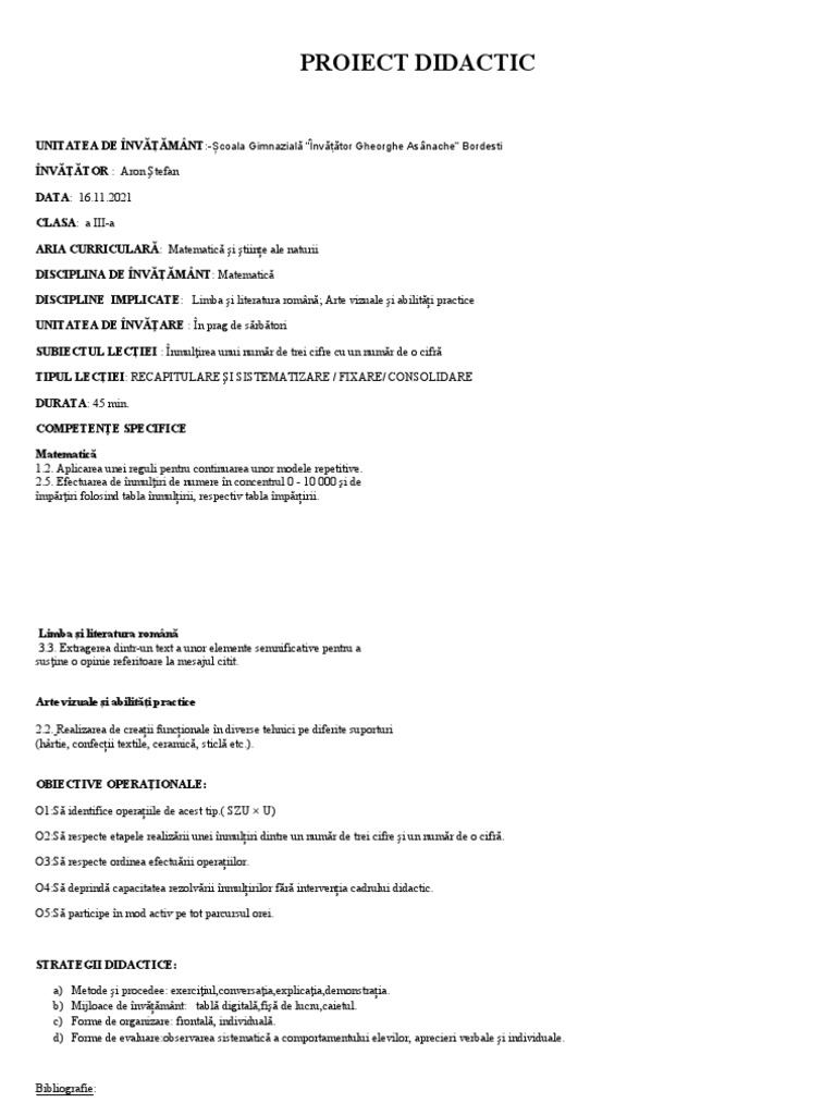 Proiect Didactic Matematica A III-A | PDF