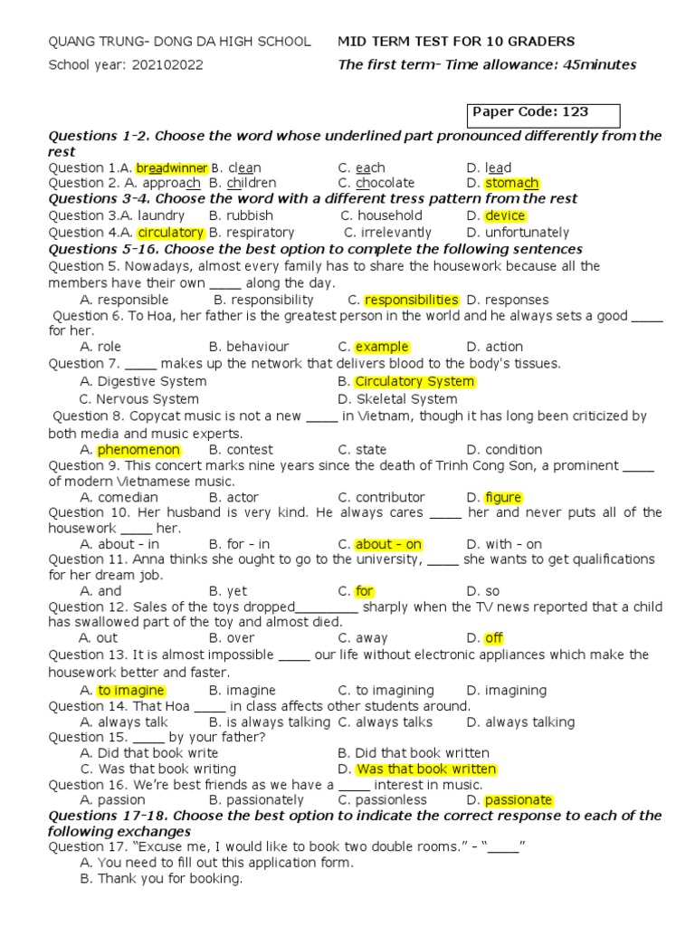 A. Breadwinner B Mid Term Test For 10 Graders PDF Musical