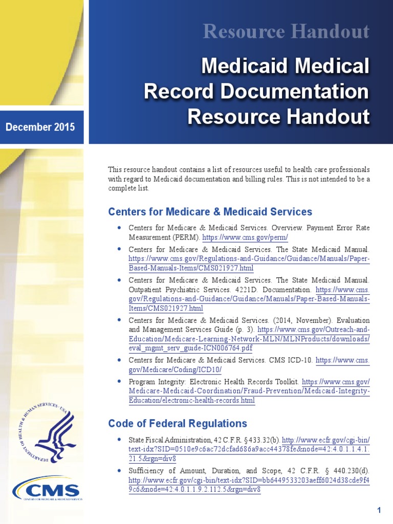 Resource Handout Medicaid Medical Record Documentation Resource Handout