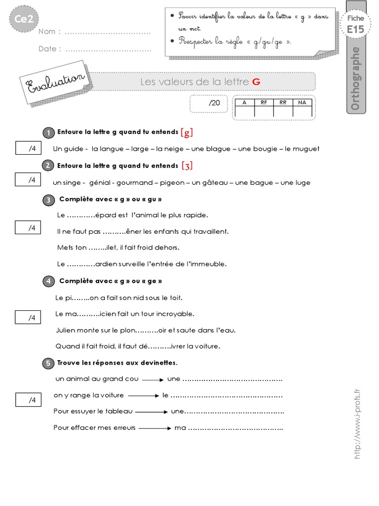Les Valeurs De La Lettre G Ce2 Exercices Pdf