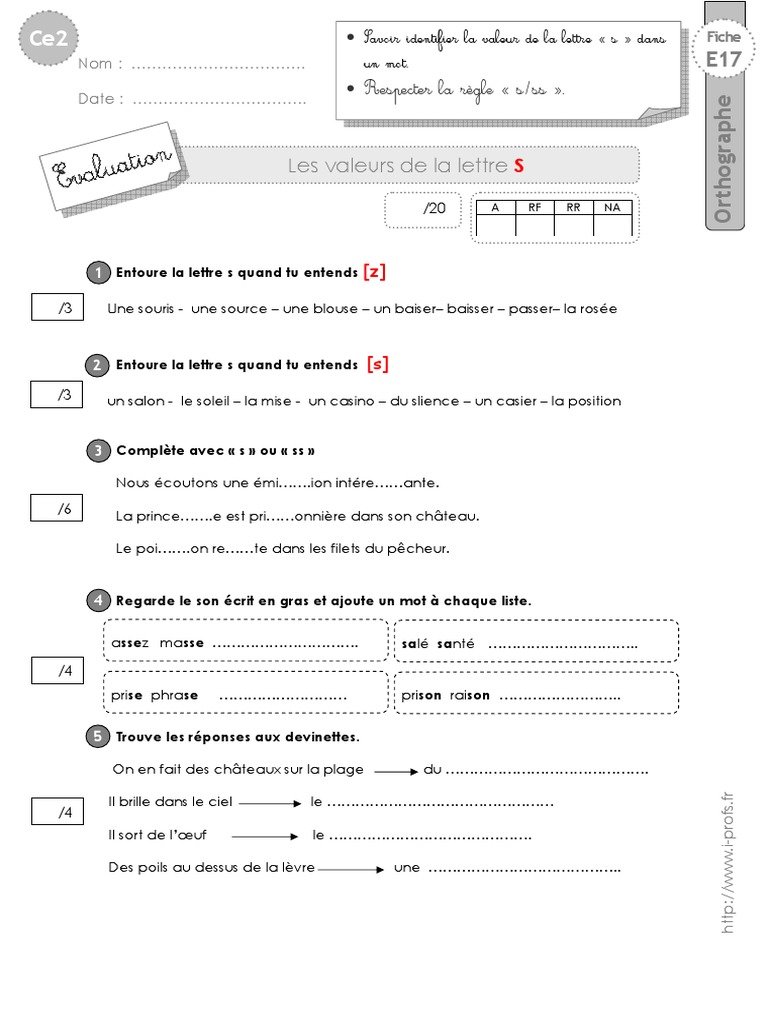 Les Valeurs De La Lettre C Ce2 Exercices Pdf Ce2 Evaluation Lettre S | PDF