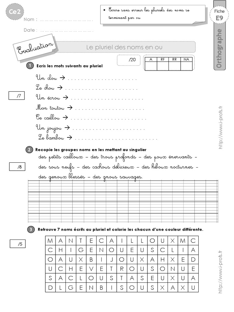 Le Pluriel Des Noms Ce2 Exercices Ce2 Evaluation Pluriel Ou | PDF