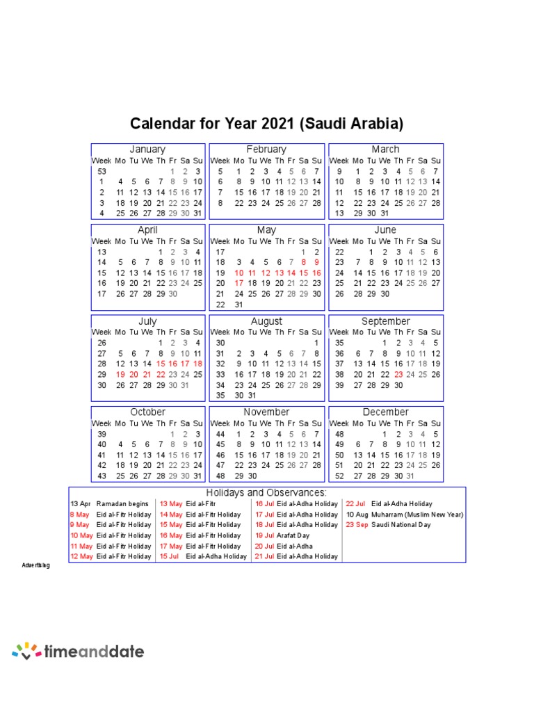 Year 2021 Calendar - Saudi Arabia | PDF | Holidays | Sharia