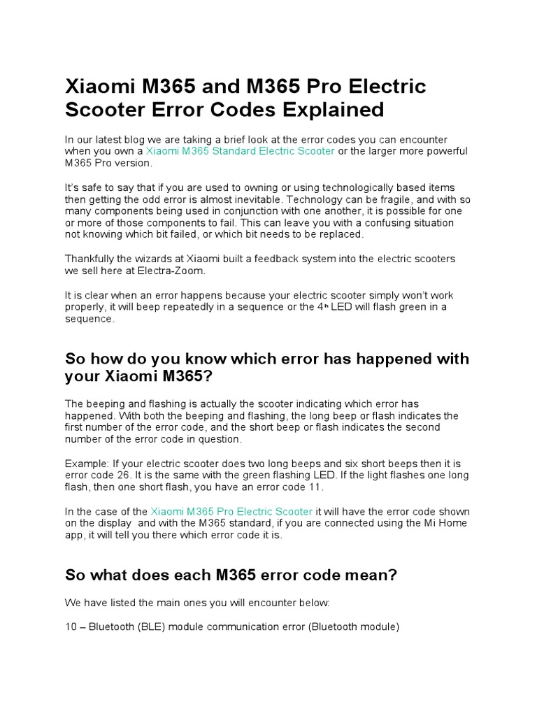Xiaomi M365 and M365 Pro Electric Scooter Error Codes Explained