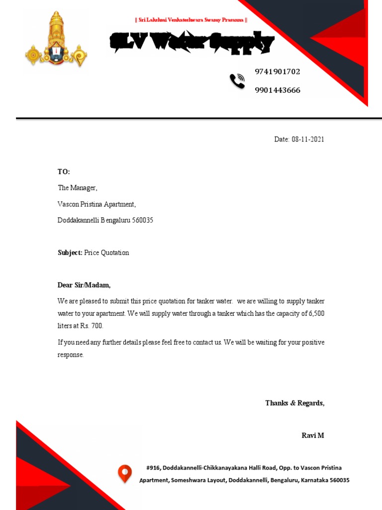 SLV Water Supply Quotation PDF