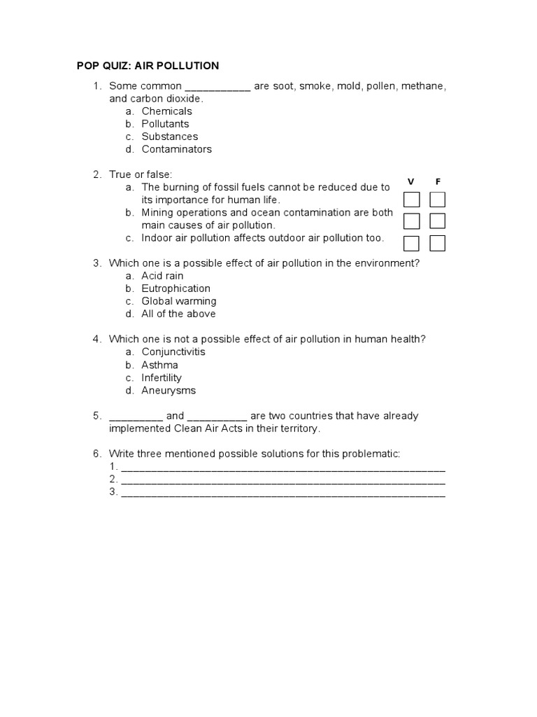 Air Pollution Quiz and Voc PDF Atmosphere Of Earth Air Pollution
