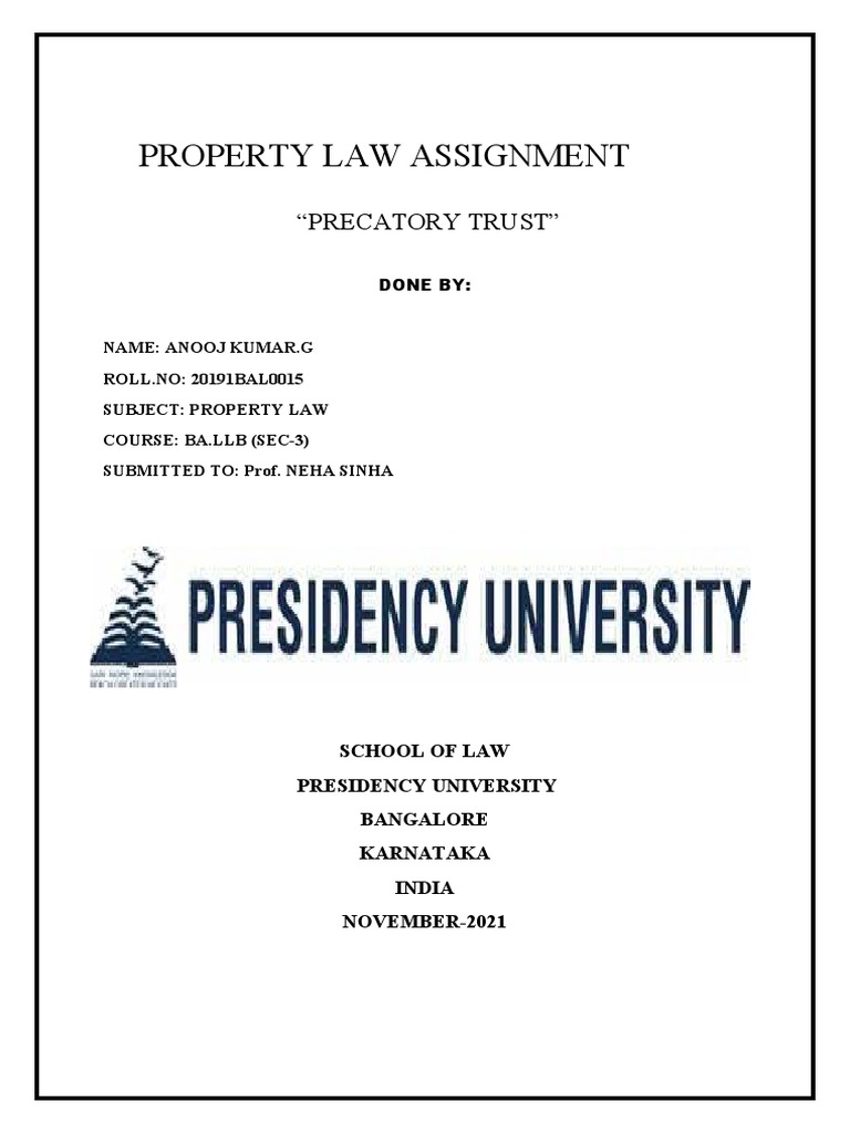 20191bal0015 Anoojkumar Precatory Trust PDF Trust Law Will And