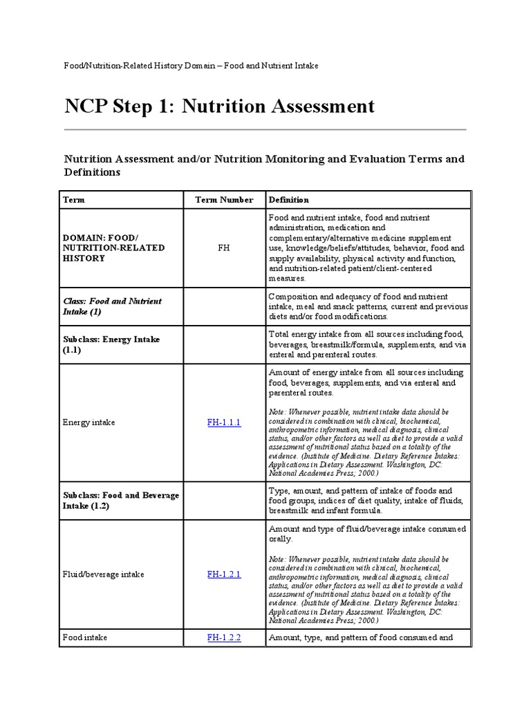 NCP Step 1 Nutrition Assessment Nutrition Assessment And/or Nutrition Monitoring and