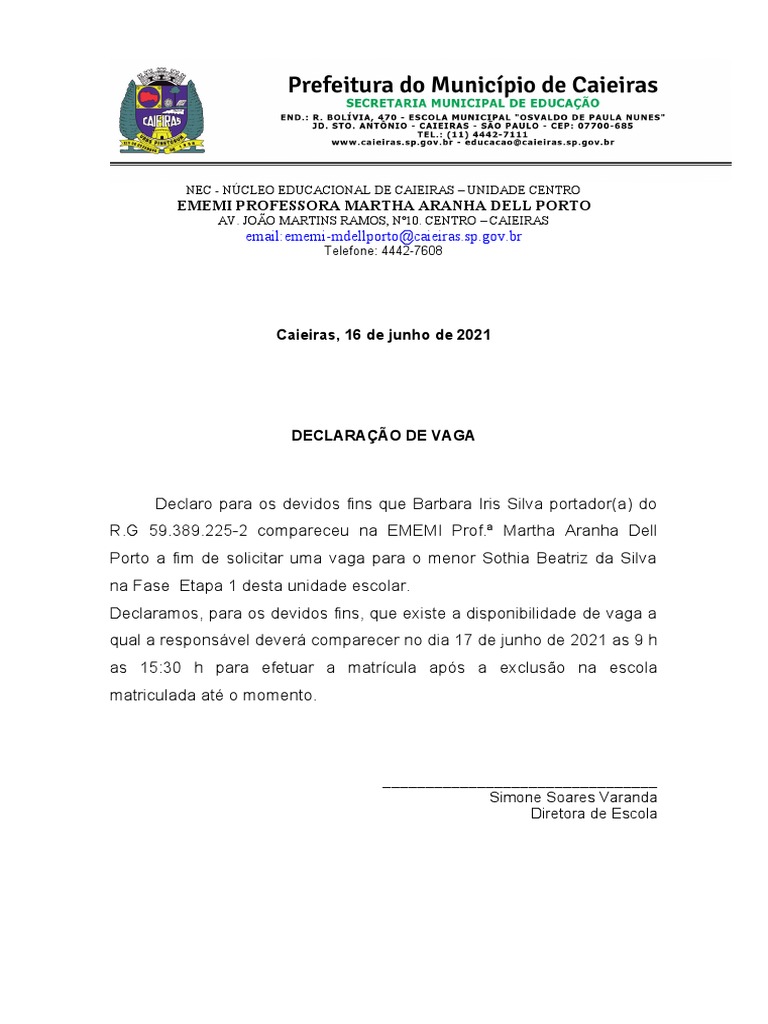 Declaração de Vaga Escolar na EMEMI | PDF