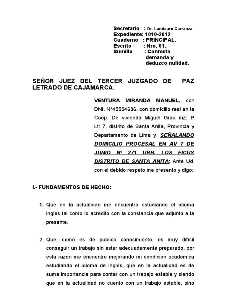 Contestacion de Demanda PDF Demanda judicial Ley procesal