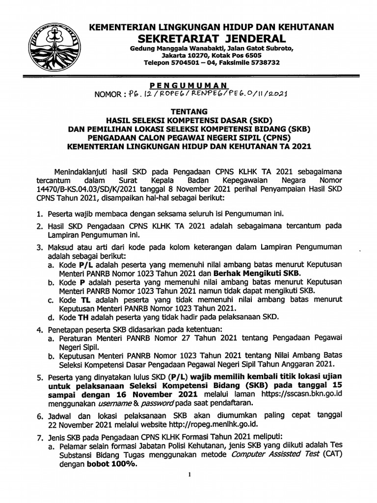 Pengumuman Hasil SKD Dan Pemilihan Lokasi SKB Pengadaan CPNS KLHK 2021