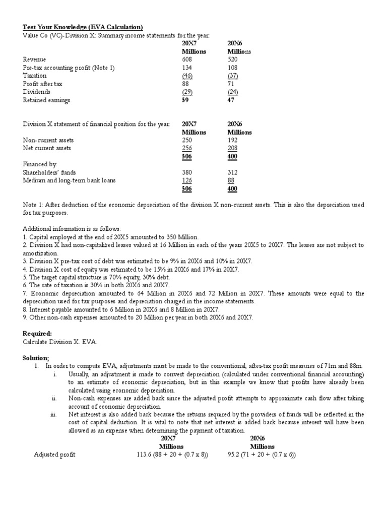 Test Your Knowledge (EVA Calculation) 20X7 20X6 Millions Millions | PDF ...