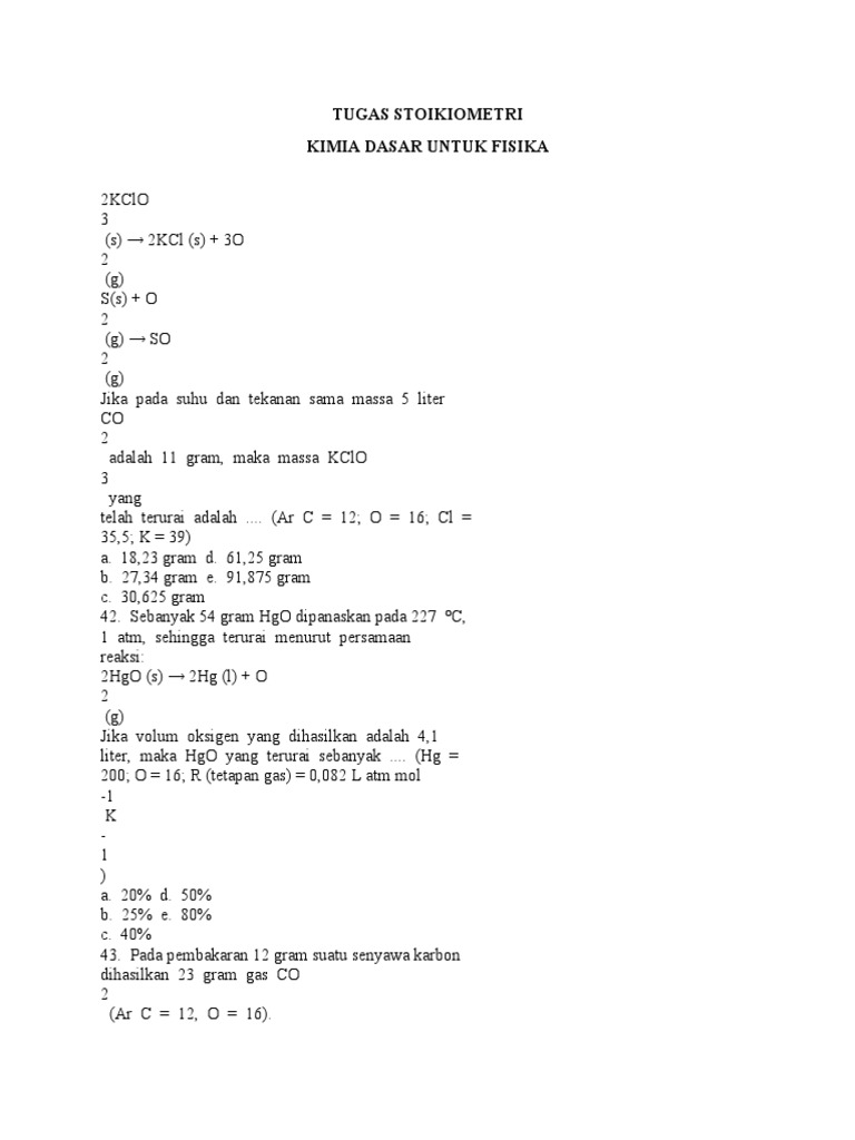 Tugas Stoikiometri Kimia Dasar | PDF | Sains & Matematika | Teknologi ...