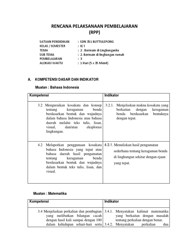 Rencana Pelaksanaan Pembelajaran (RPP) : A. Kompetensi Dasar Dan ...