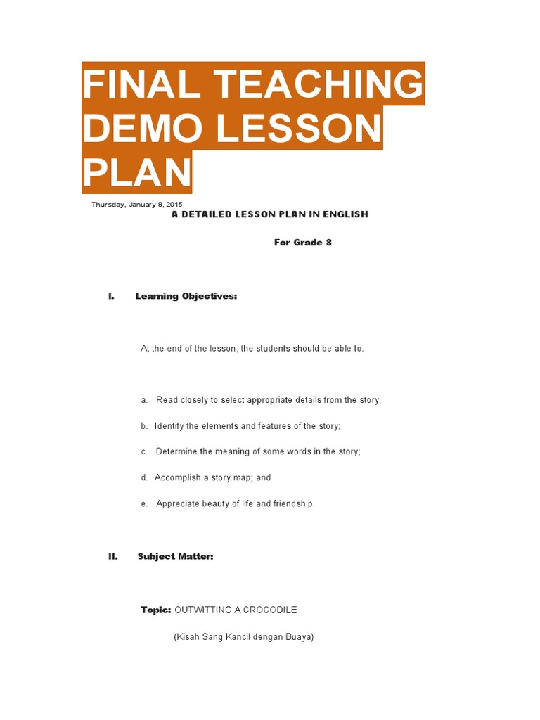 Final Teaching Demo Lesson Plan Thursday, January 8, 2015 PDF