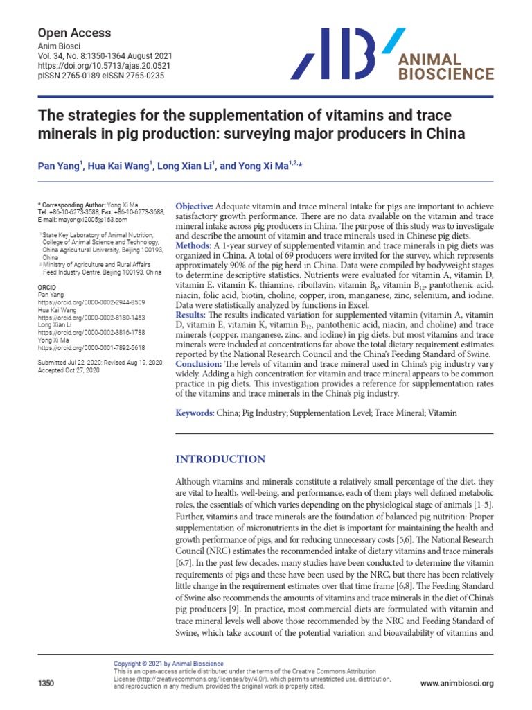 Yang Et Al 2021 The Strategies For The Supplementation of Vitamins and Trace Minerals in Pig