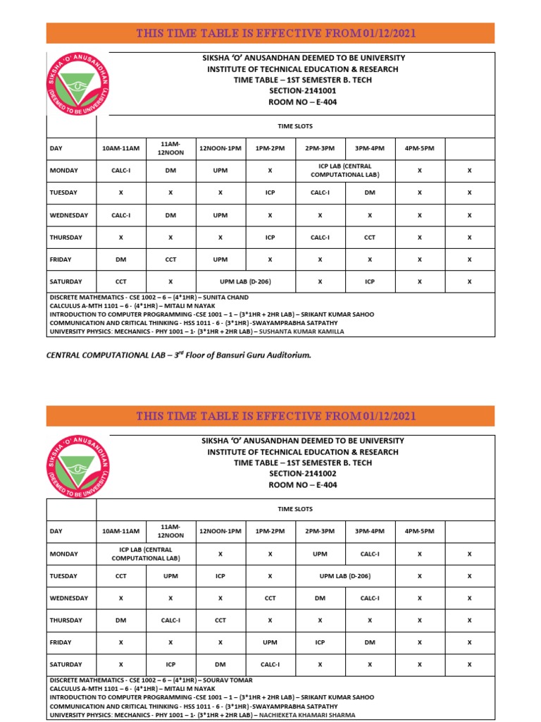B.Tech 1st Semester Time Table 2021 | PDF | Engineering | Mathematics