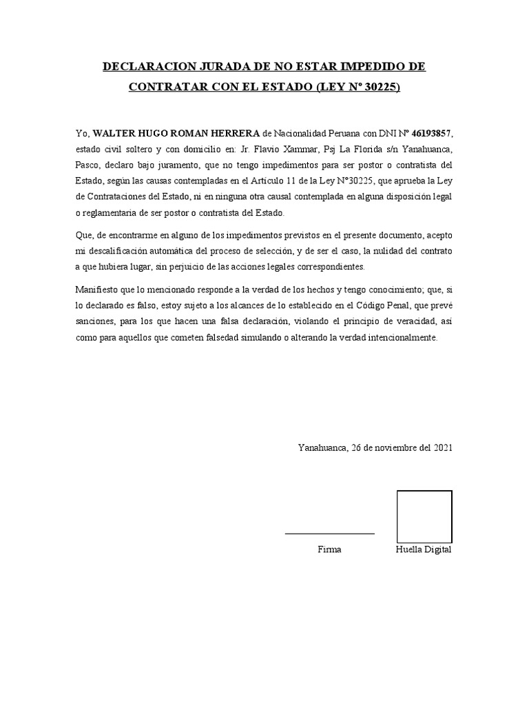 Declaracion Jurada de No Estar Impedido de Contratar Con El Estado | PDF