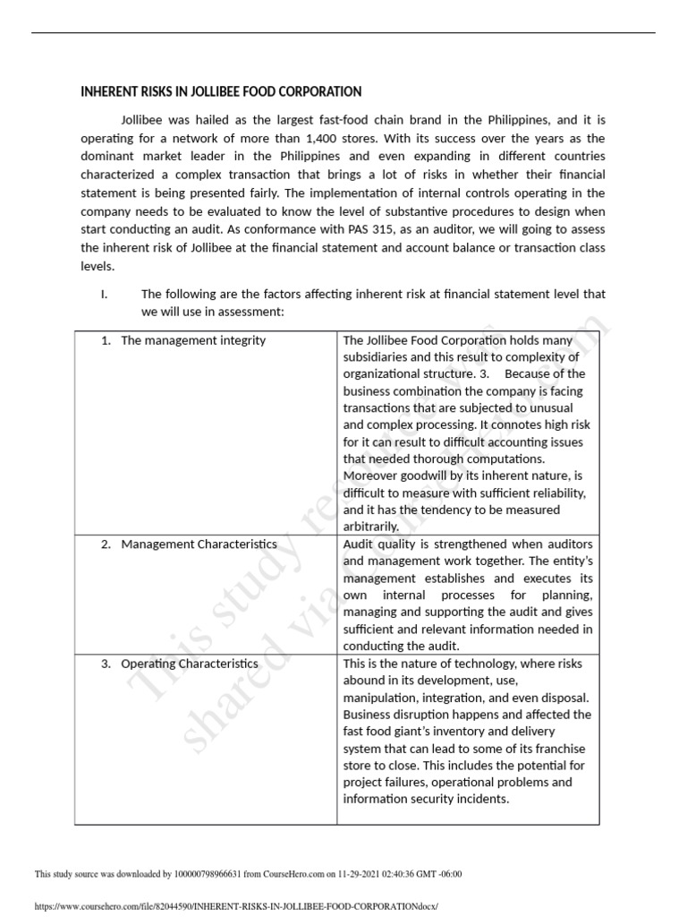 Inherent Risks in Jollibee's Audit | PDF | Audit | Risk