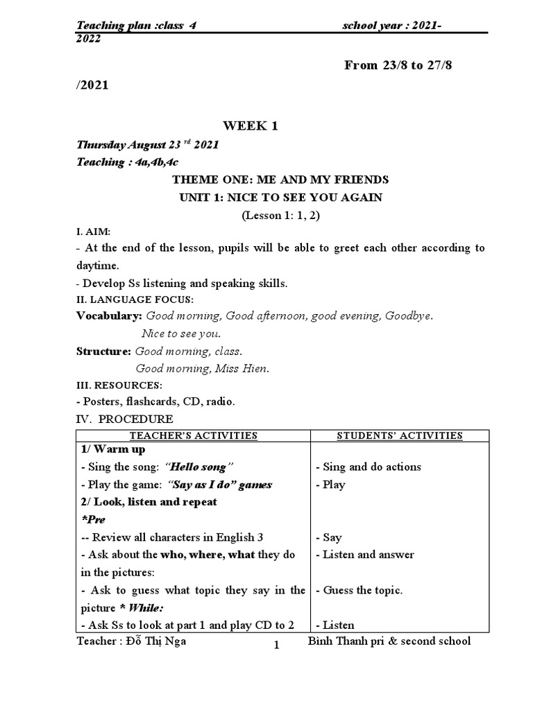 From 23/8 To 27/8 /2021 Week 1 | PDF | Teachers | Reading Comprehension