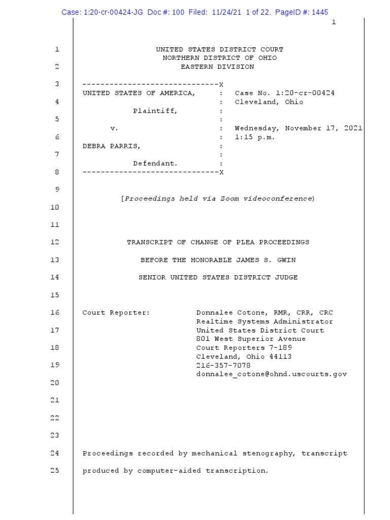 Debra Parris Change of Plea Transcript | PDF | United States Federal ...