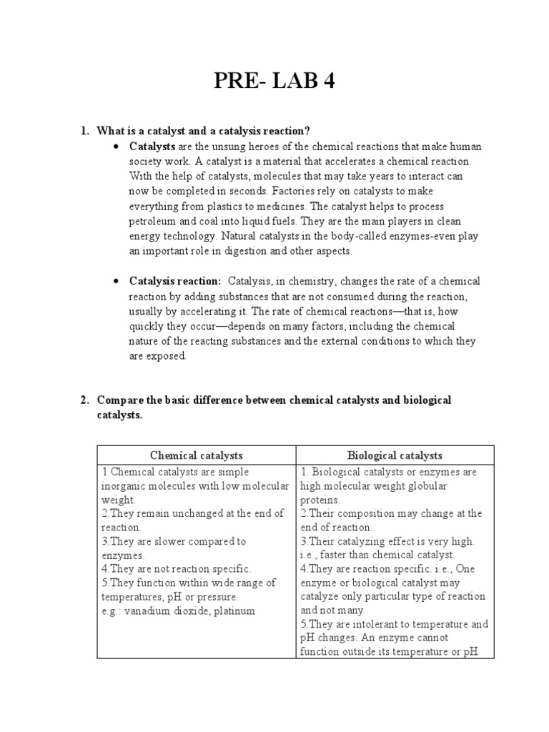 Prelabs 4 | PDF | Enzyme | Catalysis