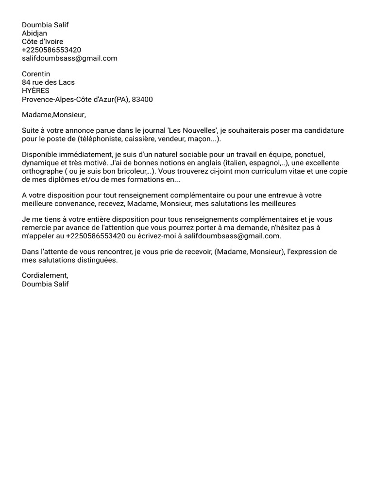 Je Suis à Votre Disposition En Anglais Lettre de Motivation 1638188009497 | PDF