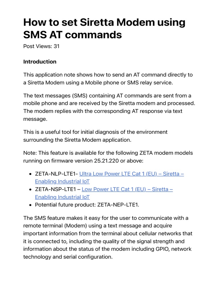 Setting Up Siretta Modem with SMS AT Commands | PDF | Modem | Mobile Phones