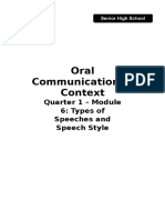 Oral Communication in Context: Quarter 1 - Module 6: Types of Speeches and Speech Style