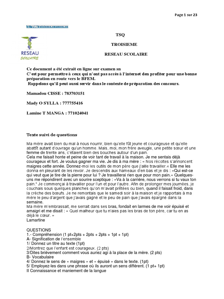 TSQ Français pour le BFEM 2020 | PDF | Clause | Sujet (Grammaire)