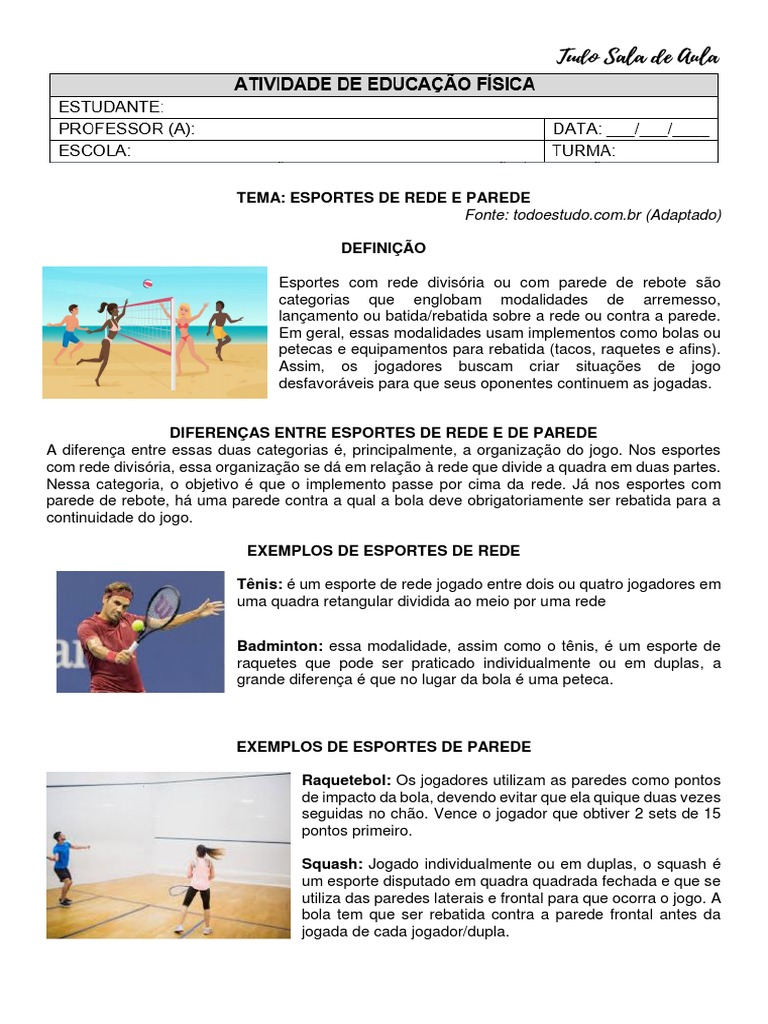 Esportes de Rede e Parede: Definições e Exemplos | PDF | Hobbies ...