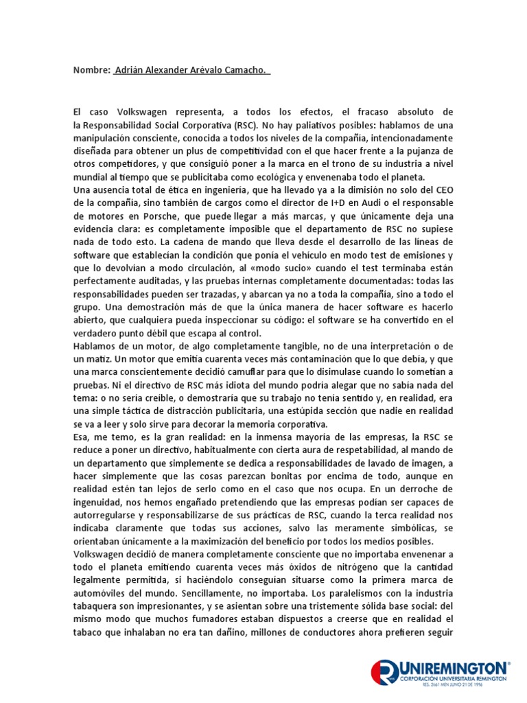 Fracaso de la RSC en Volkswagen: Análisis | PDF