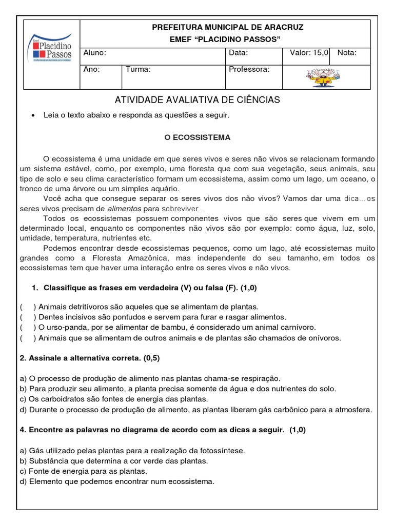 Atividade Avaliativa: Ecossistemas 4º Ano | PDF | Decomposição ...