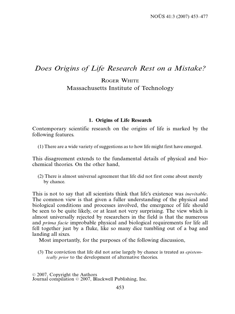 Roger White Does Origin of Life Research Rest On A Mistake PDF