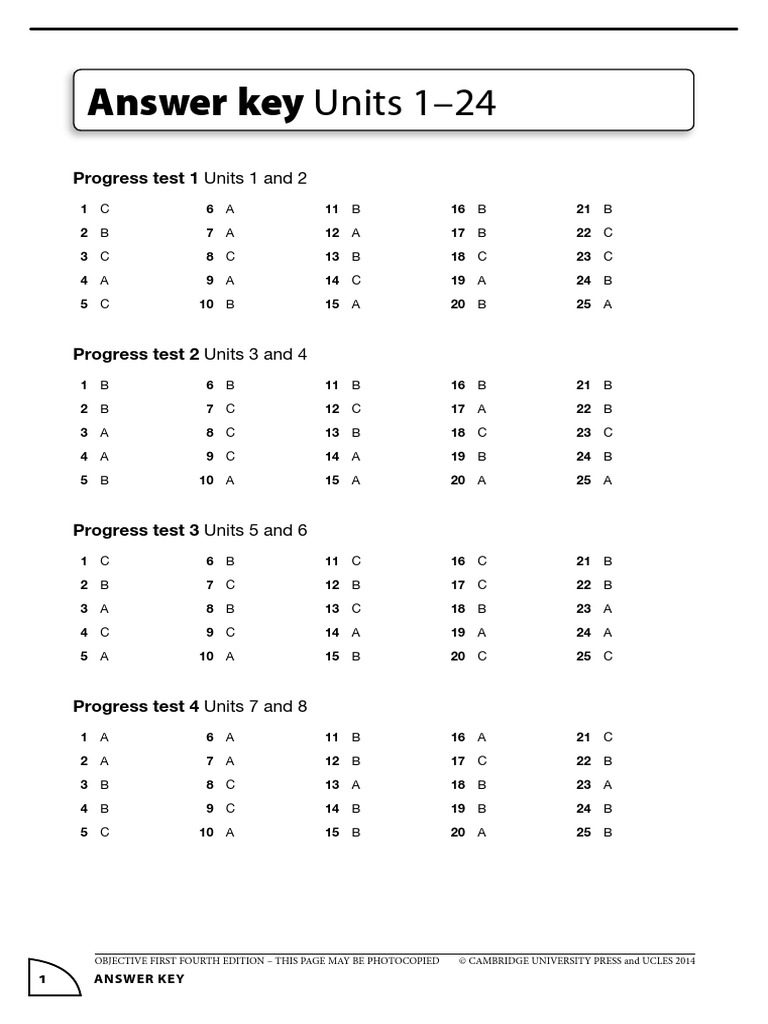 Progress Test Answer Key: Units 1-24 | PDF