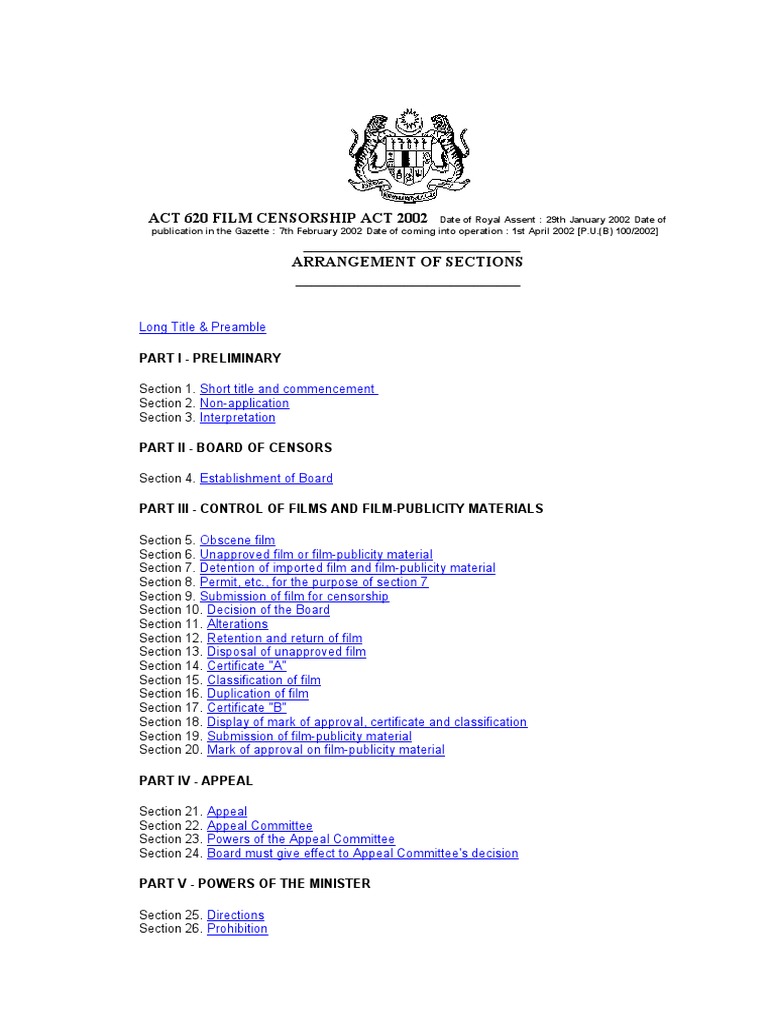 Act 620 Film Censorship Act 2002 PDF Search And Seizure Search
