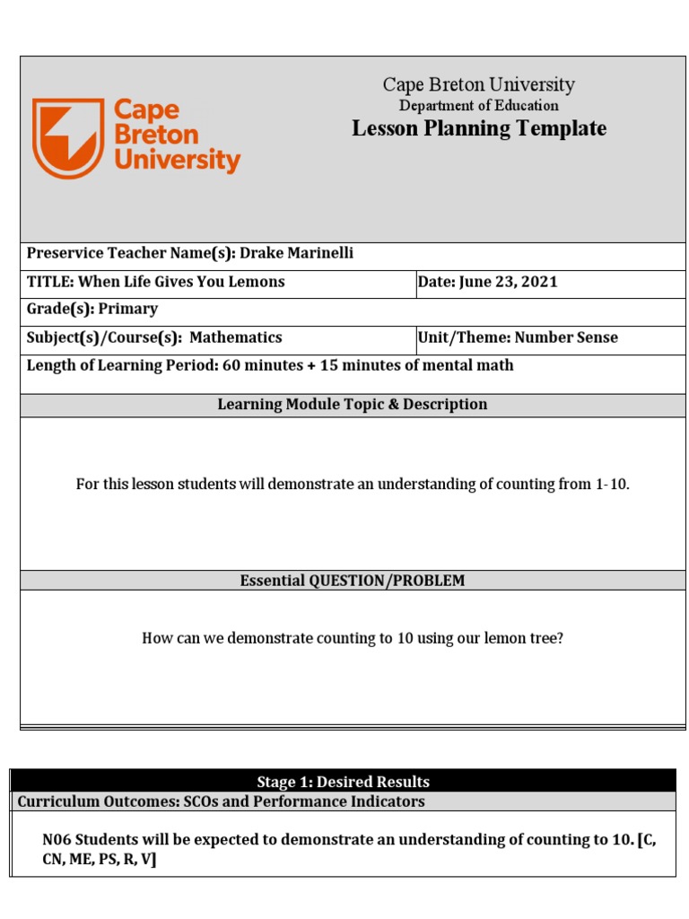 Math Lesson Plan PDF Learning Visual Impairment