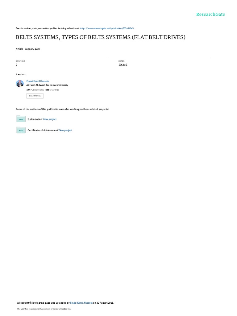 Belts Systems, Types of Belts Systems (Flat Belt Drives) January 2016