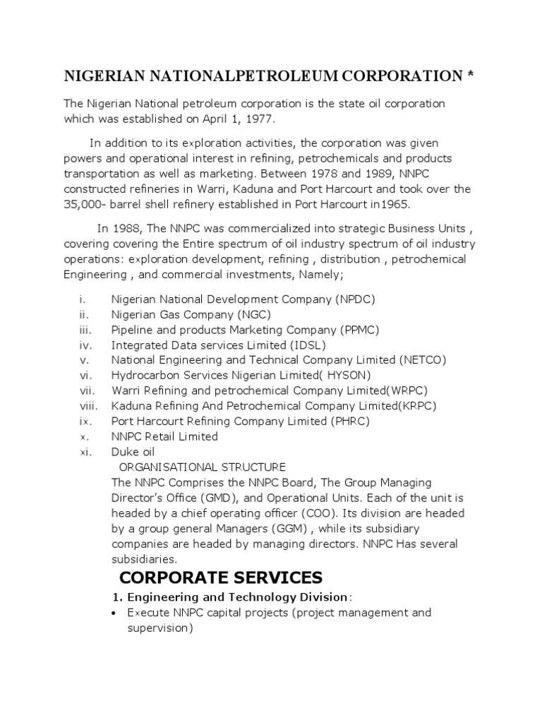 NNPC Organizational Structure Overview | PDF | Oil Refinery | Business