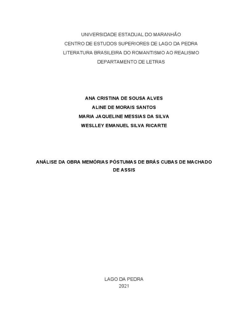 Análise Memórias Postumas de Brás Cubas PDF Realismo (artes)