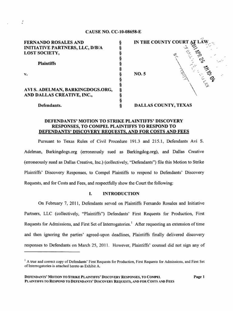 Defendants Motion to Strike Plaintiffs Responses Discovery (Law