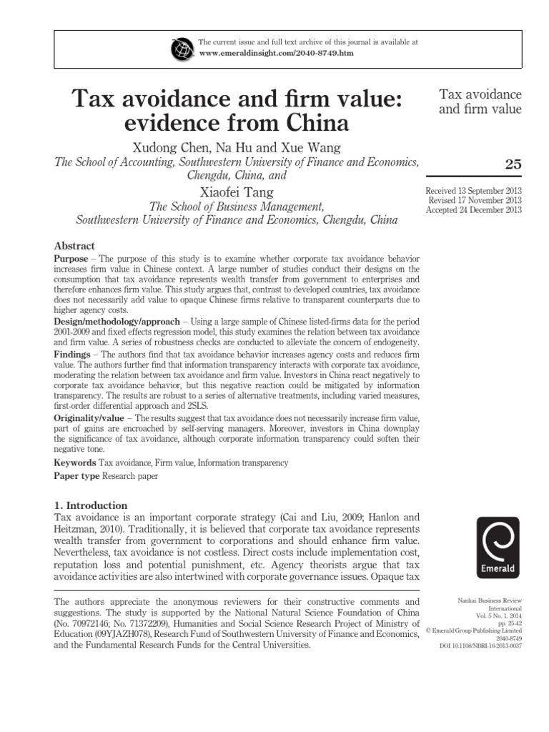 Tax Avoidance and Firm Value in China | PDF | Taxes | Tax Avoidance