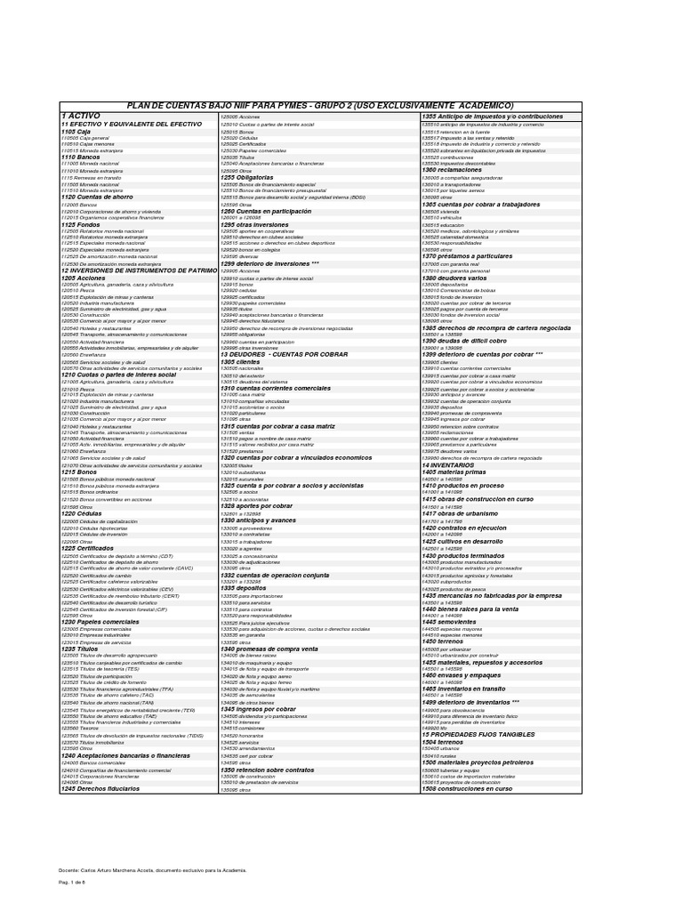 Plan de Cuentas NIIF Grupo 2 para PYMES | PDF | Bancos | Arrendamiento