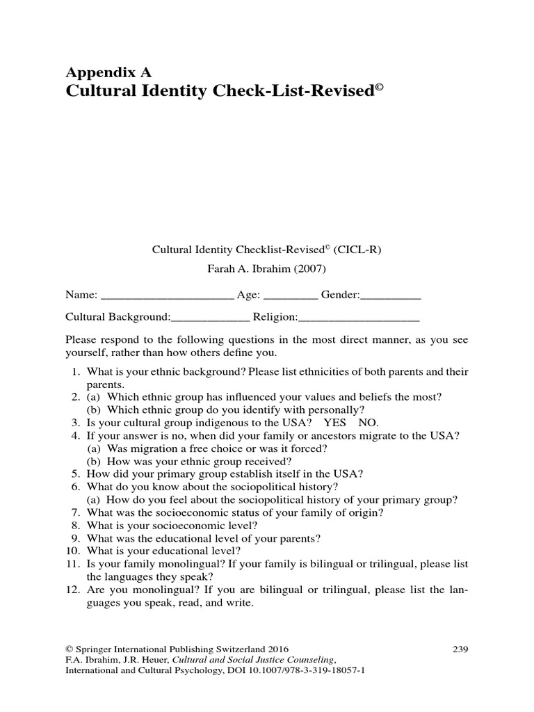 Cultural Identity Check-List-Revised: Appendix A | PDF | Psychotherapy ...