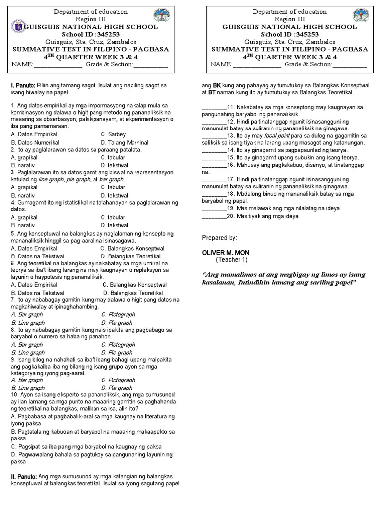 GuisguisNHS - Summative Test - Week 3&4 - Fourth Quarter PDF | PDF