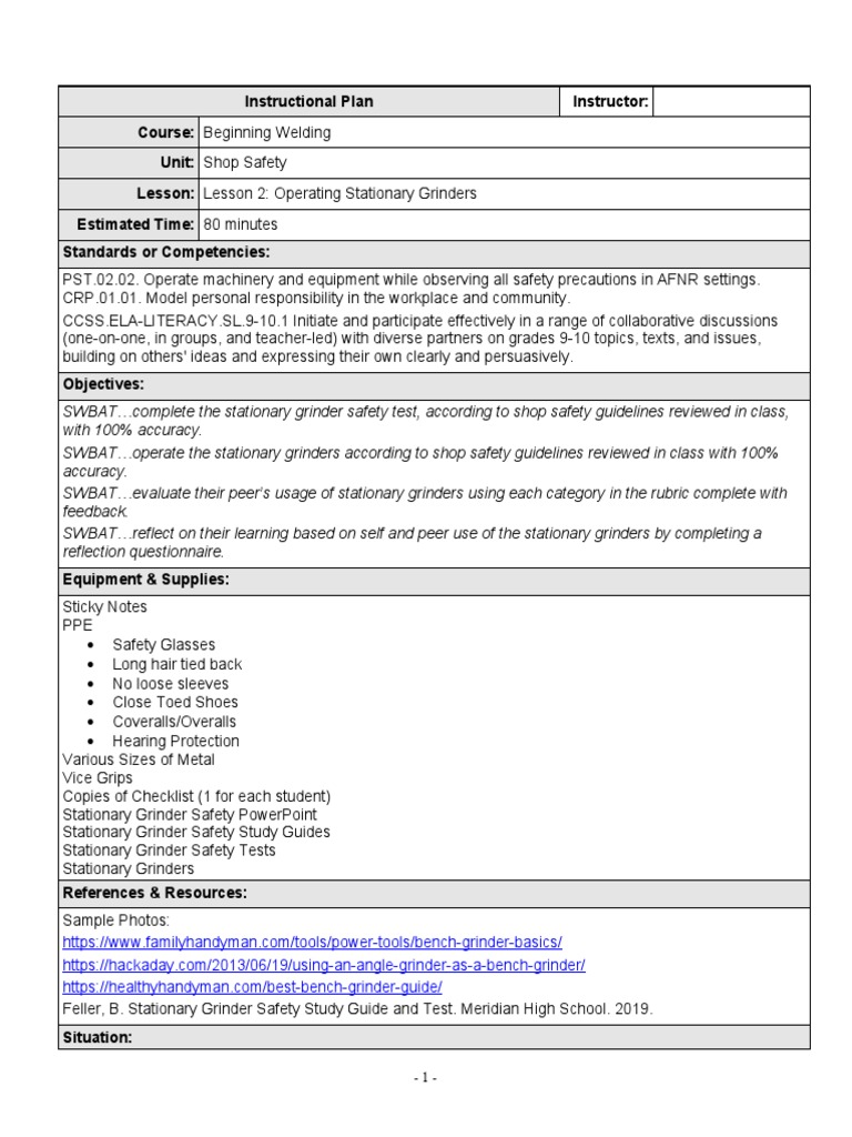 Stationary Grinder Safety Lesson Plan | PDF | Vocabulary | Learning