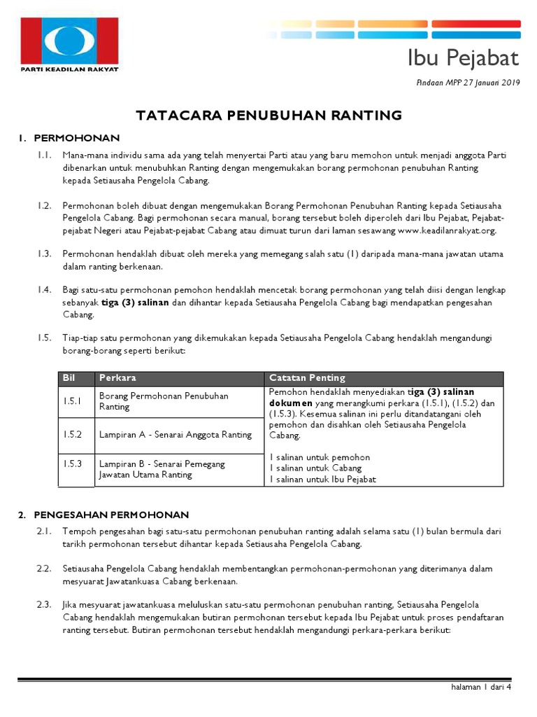 Prosedur Penubuhan Ranting PKR | PDF | Pengelolaan Keuangan & Uang